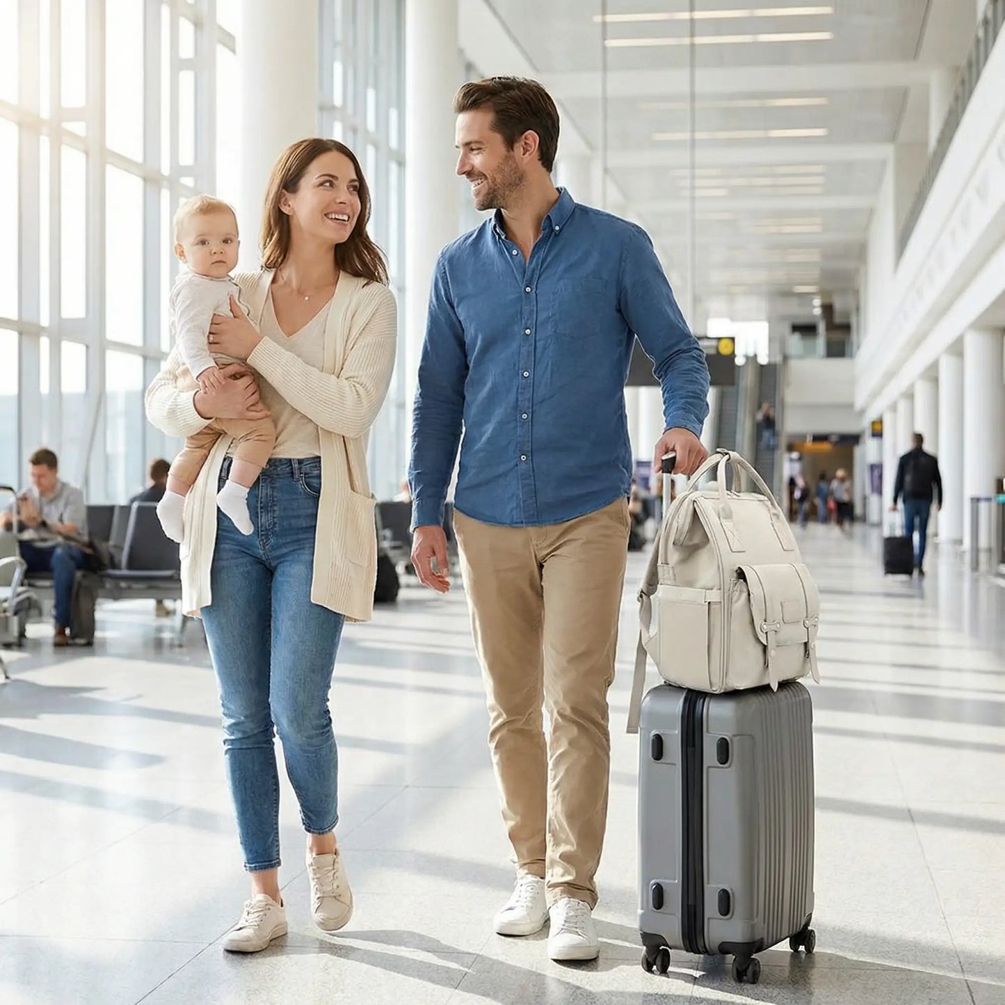 Parents en voyage avec bebe utilisant un sac a langer grande capacite pour rester organises en deplacement