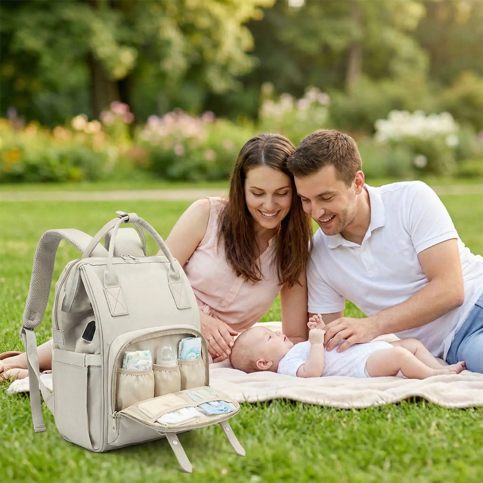 Moment de serenite au parc avec bebe et sac a langer elegant facilitant chaque sortie