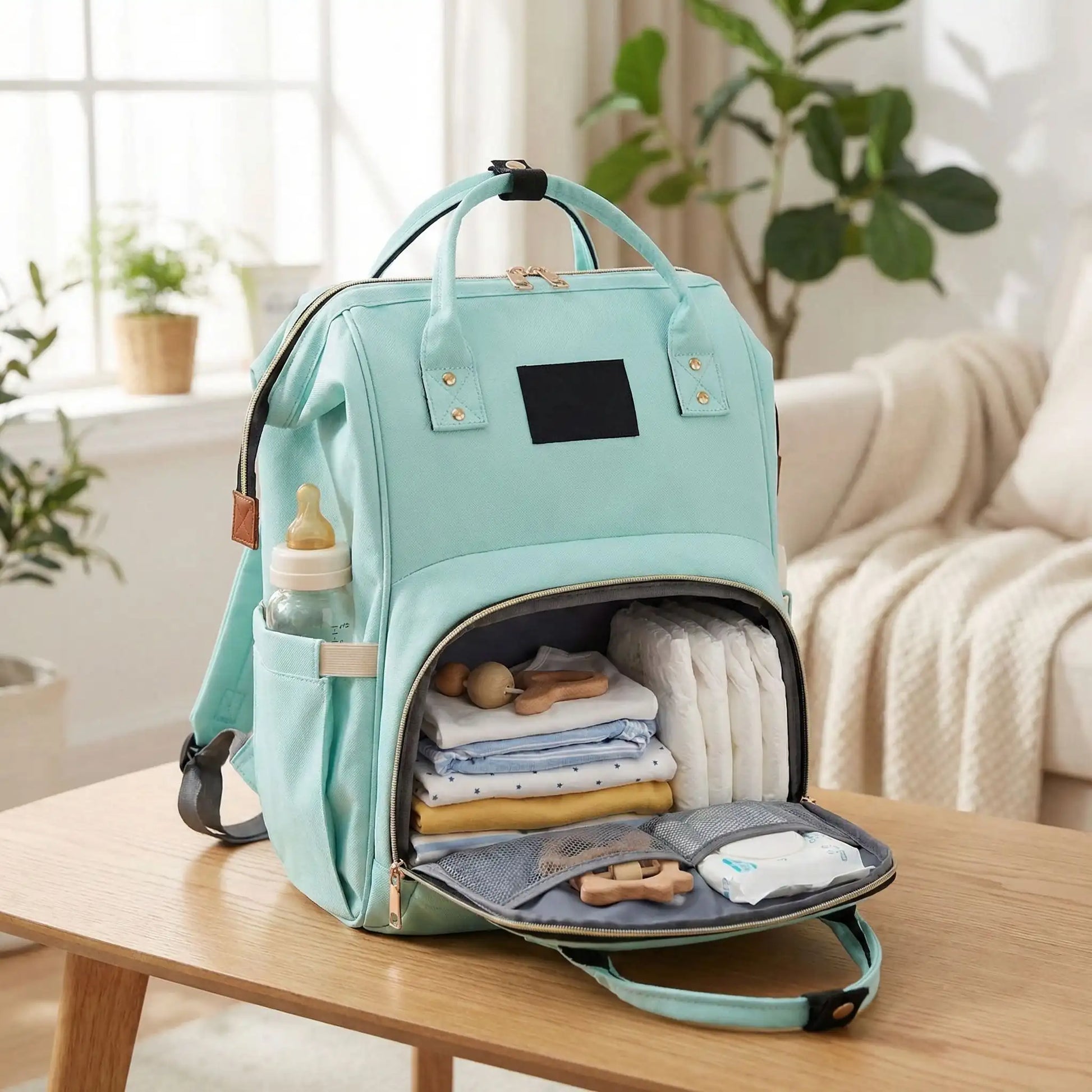 Sac a langer grande capacite ouvert sur une table avec compartiments visibles
