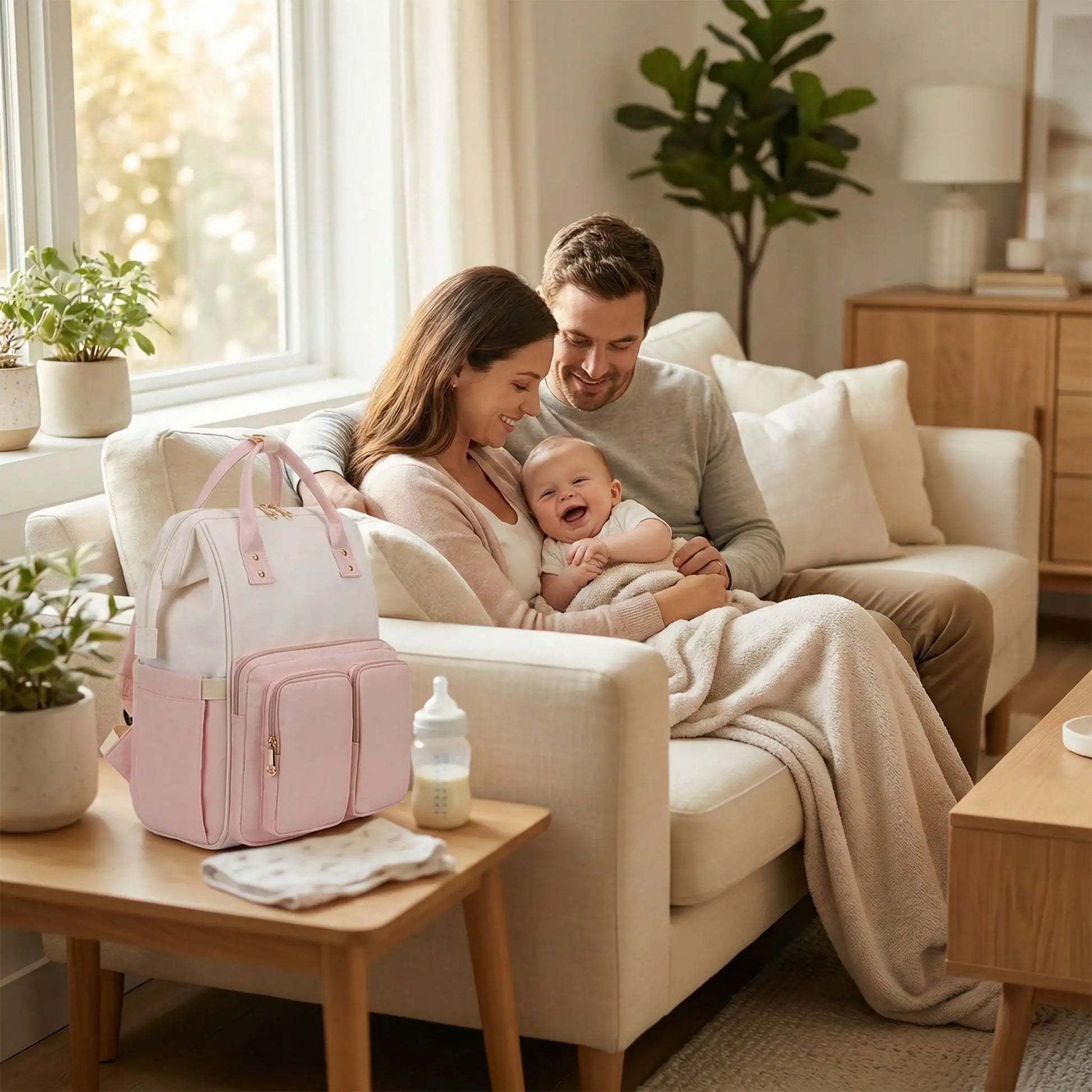 Parents et bebe au salon avec un sac a langer polyvalent de grande capacite
