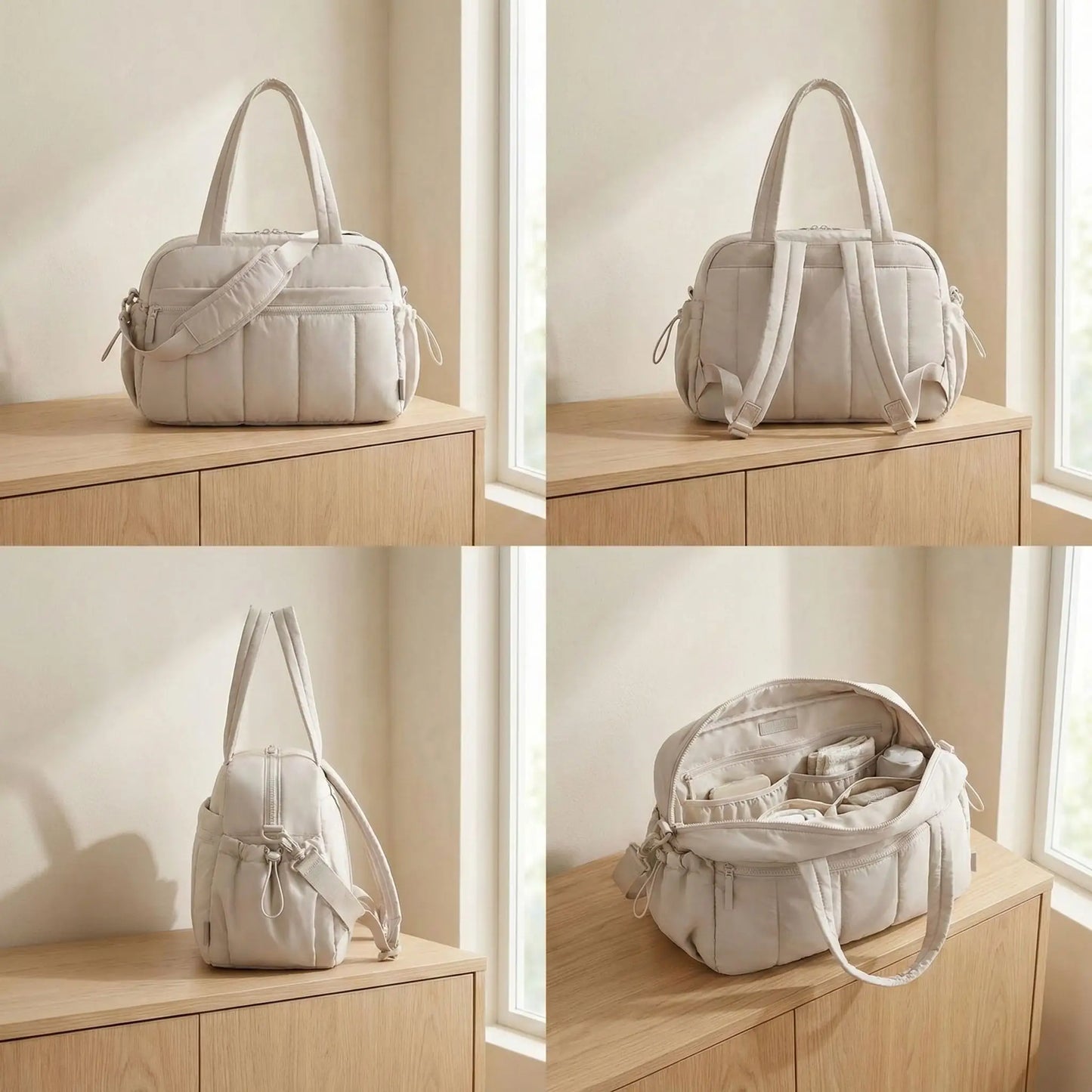sac a langer portable cabine beige montre sous differents angles sur fond neutre lumineux