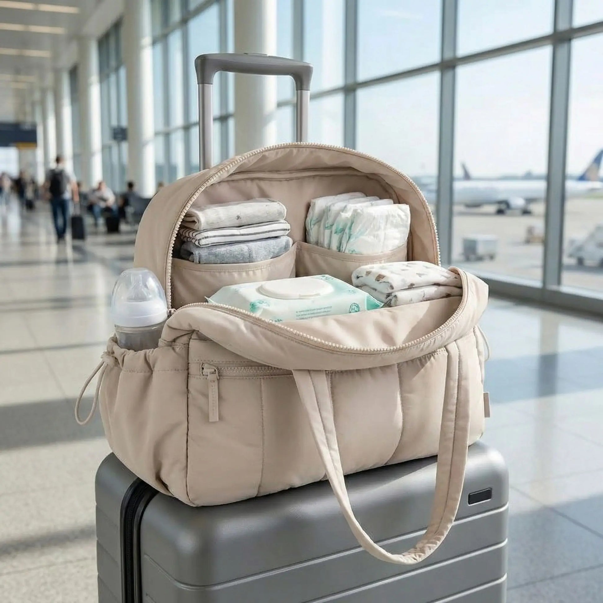 sac a langer portable cabine beige ouvert dans terminal aeroport montrant organisation
