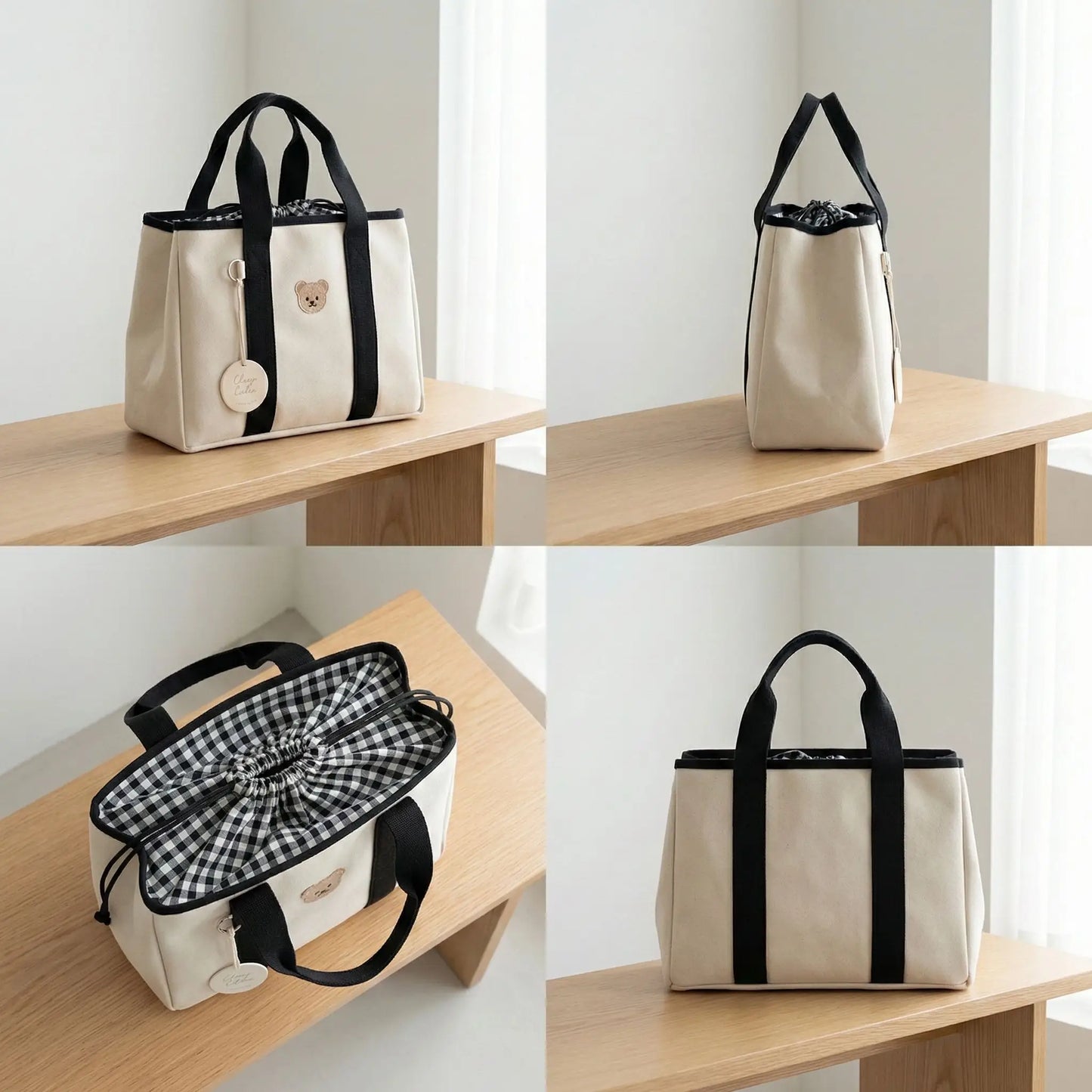 sac a langer portable compact noir et blanc vu sous plusieurs angles en salon clair