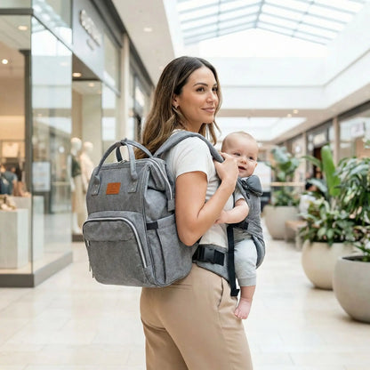 maman portant bebe en echarpe avec sac a langer sac a dos gris en centre commercial