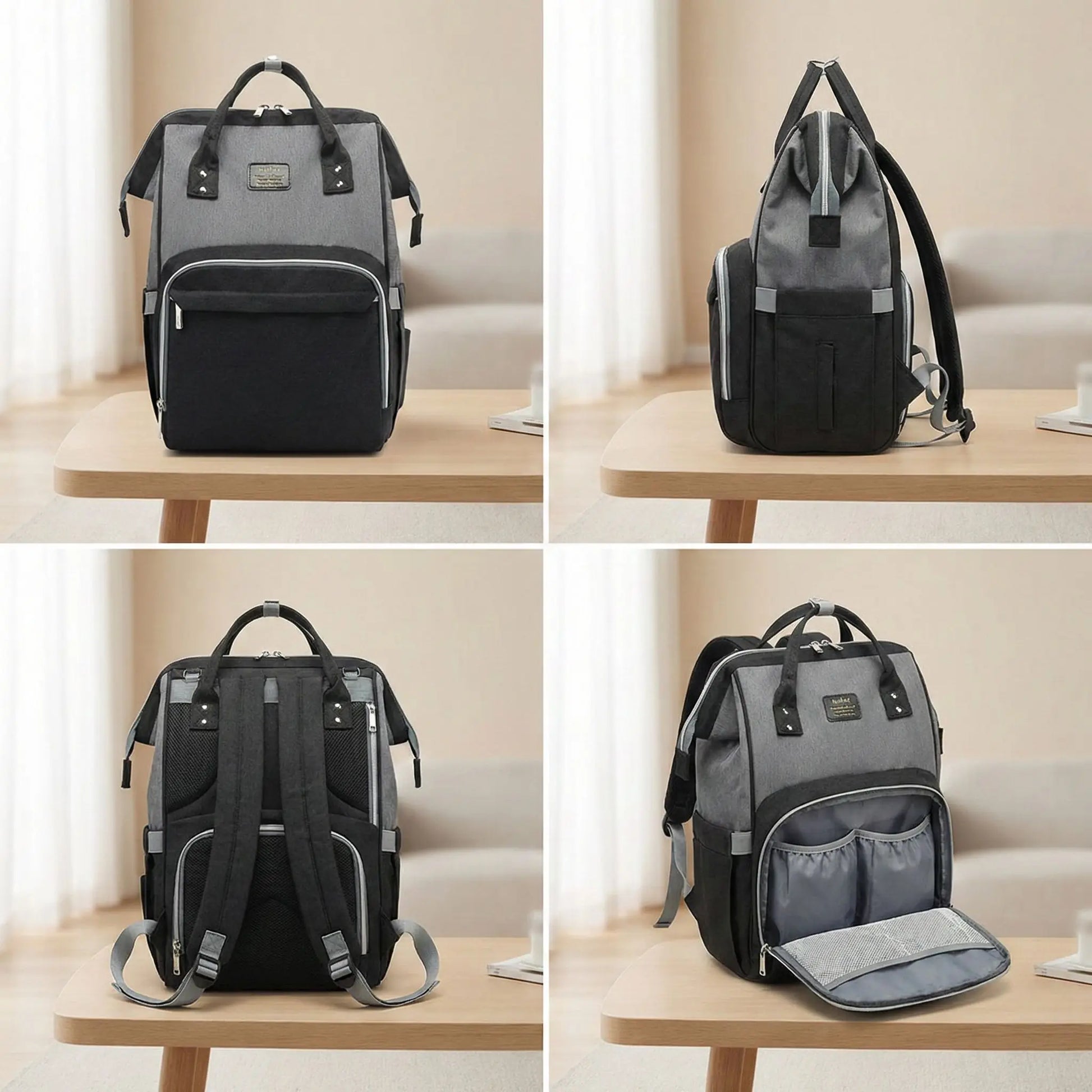 sac a langer sac a dos vue de face profil dos et interieur dans un salon clair