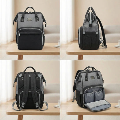sac a langer sac a dos vue de face profil dos et interieur dans un salon clair