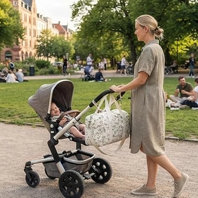 Sac a langer utilisé par une maman avec une poussette dans un parc