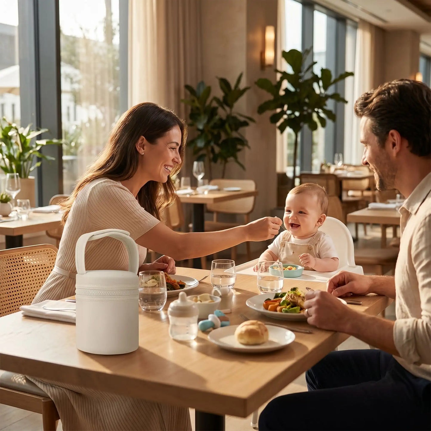 sac biberon isotherme beige utilise lors dun repas avec bebe en famille