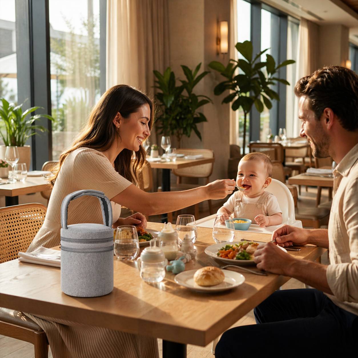sac biberon isotherme bleu utilise lors dun repas avec bebe en famille