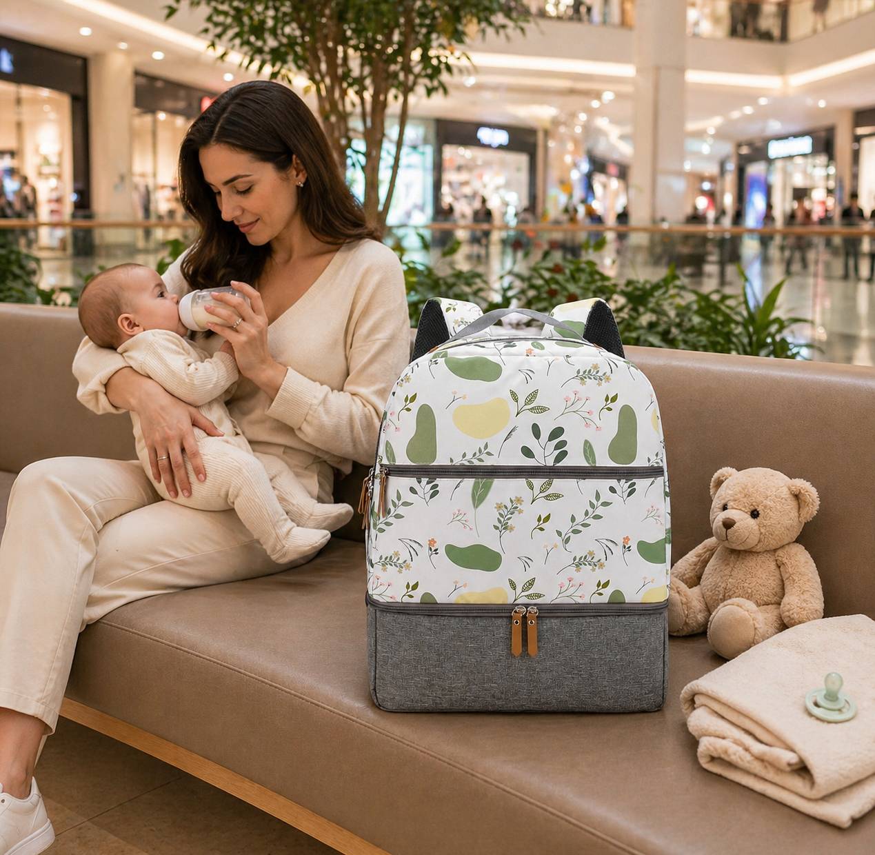 sac biberon isotherme feuilles vertes avec compartiment inferieur