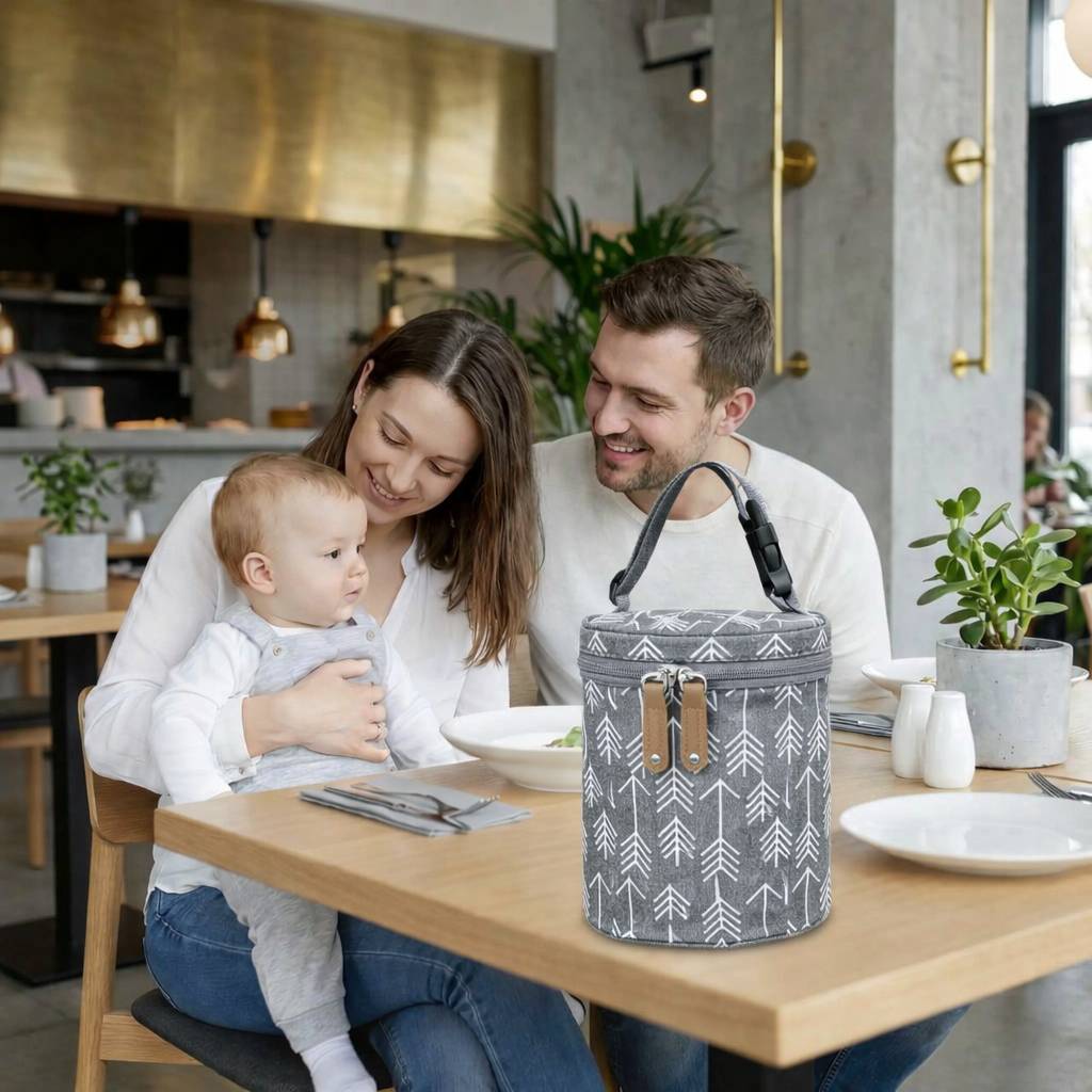 Sac biberon isotherme gris utilise en famille au restaurant avec bebe