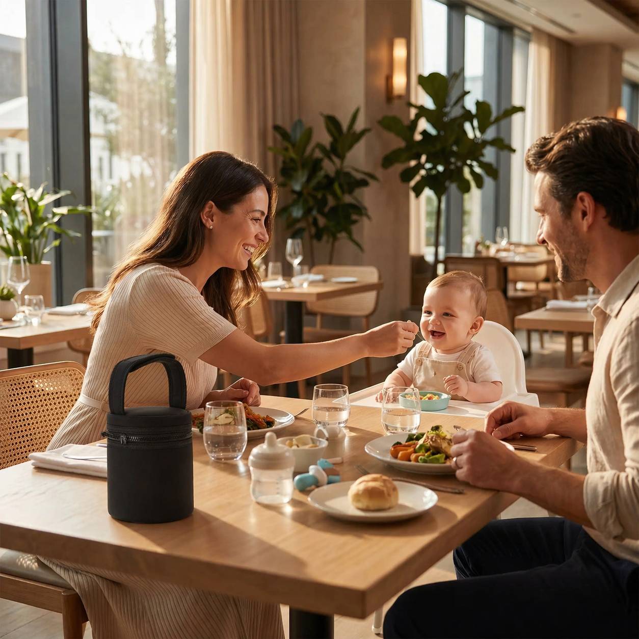 sac biberon isotherme noir utilise lors dun repas avec bebe en famille