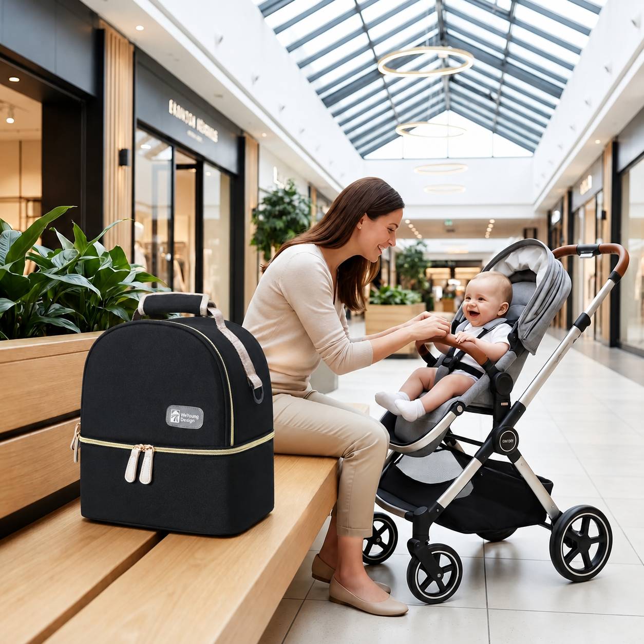Sac biberon isotherme noir avec maman et bebe en centre commercial solution pratique pour sortie avec poussette
