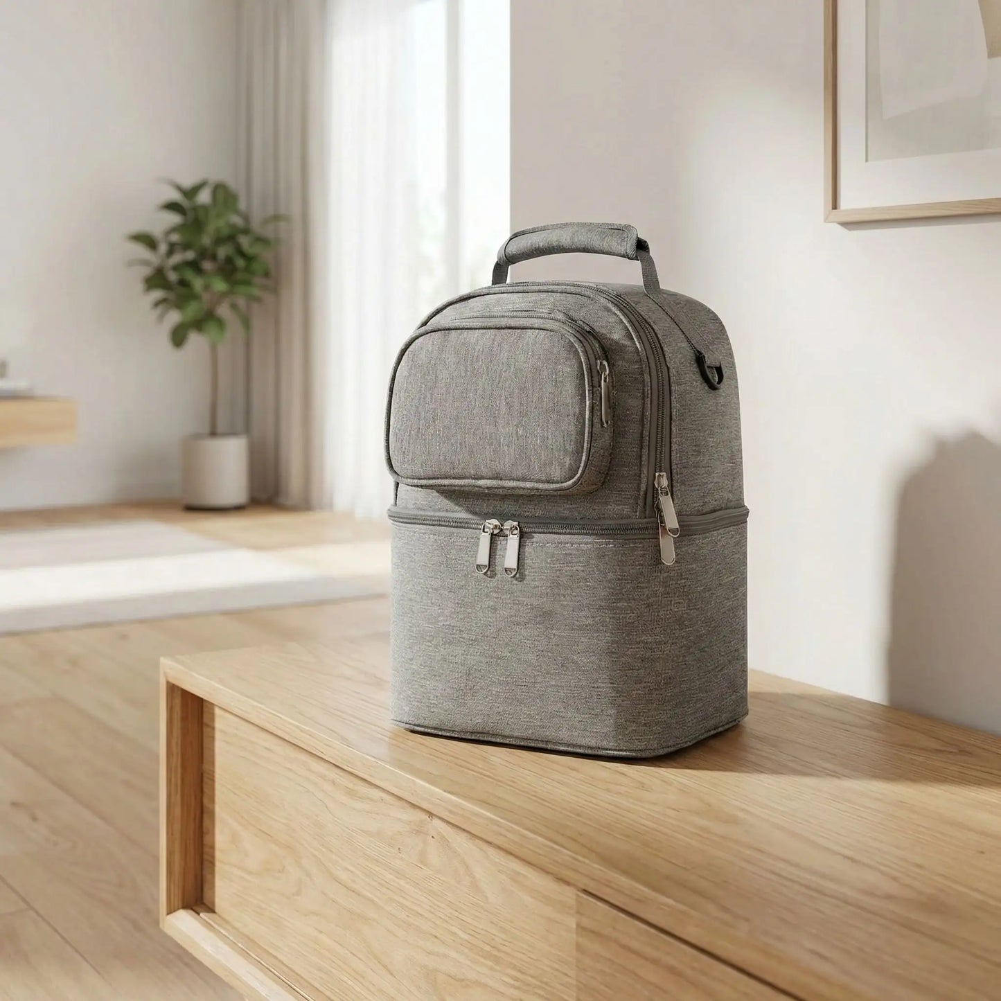 sac isotherme bebe gris pose seul dans salon lumineux vue produit detaillee