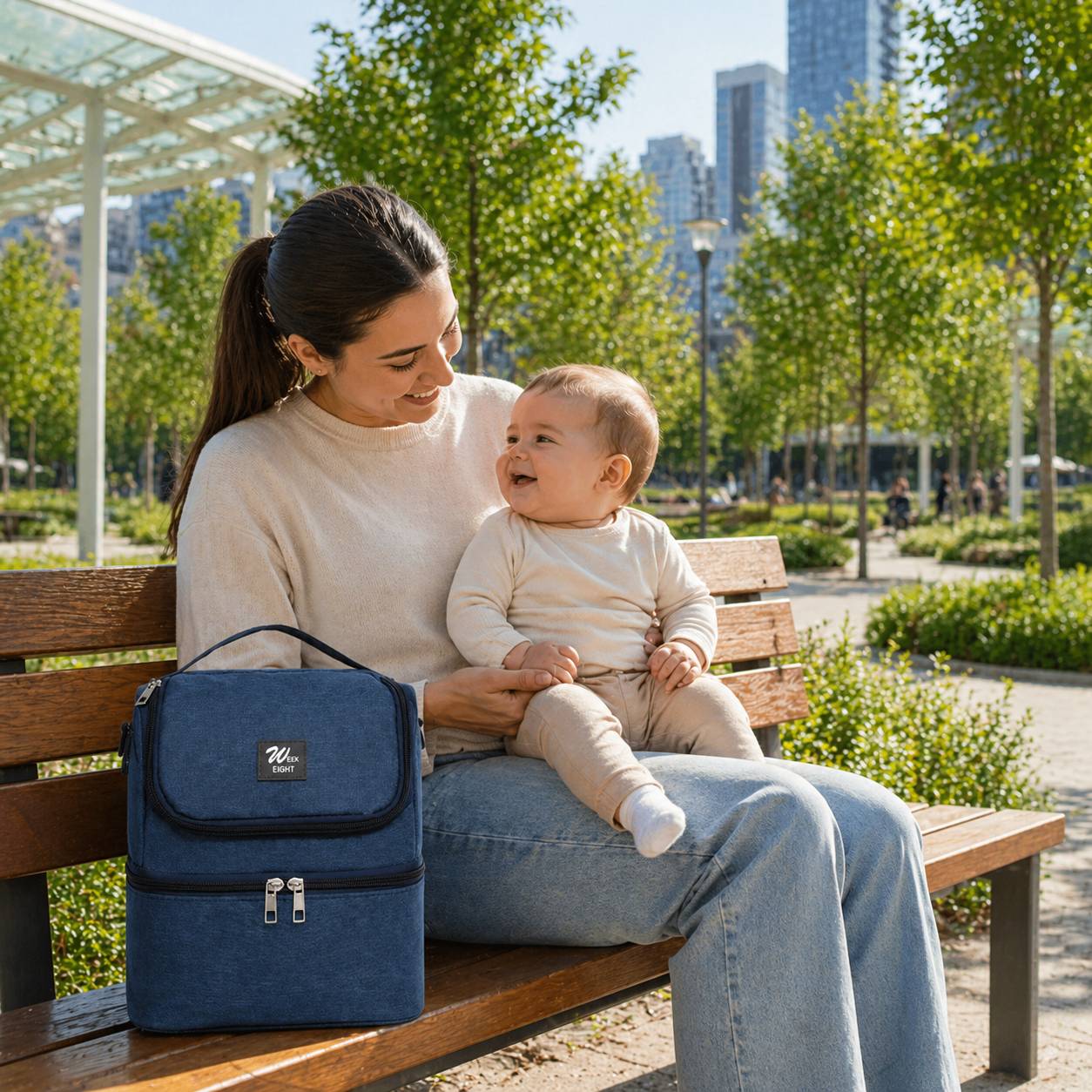 Sac isotherme biberon bleu pose sur un banc avec maman et bebe 