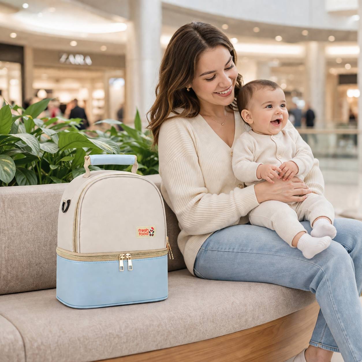 sac isotherme biberon beige et bleu avec maman et bebe assis dans centre commercial