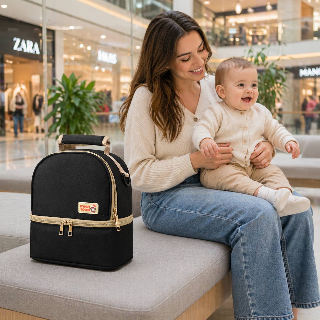 sac isotherme biberon noir pose sur banc avec maman et bebe en centre commercial