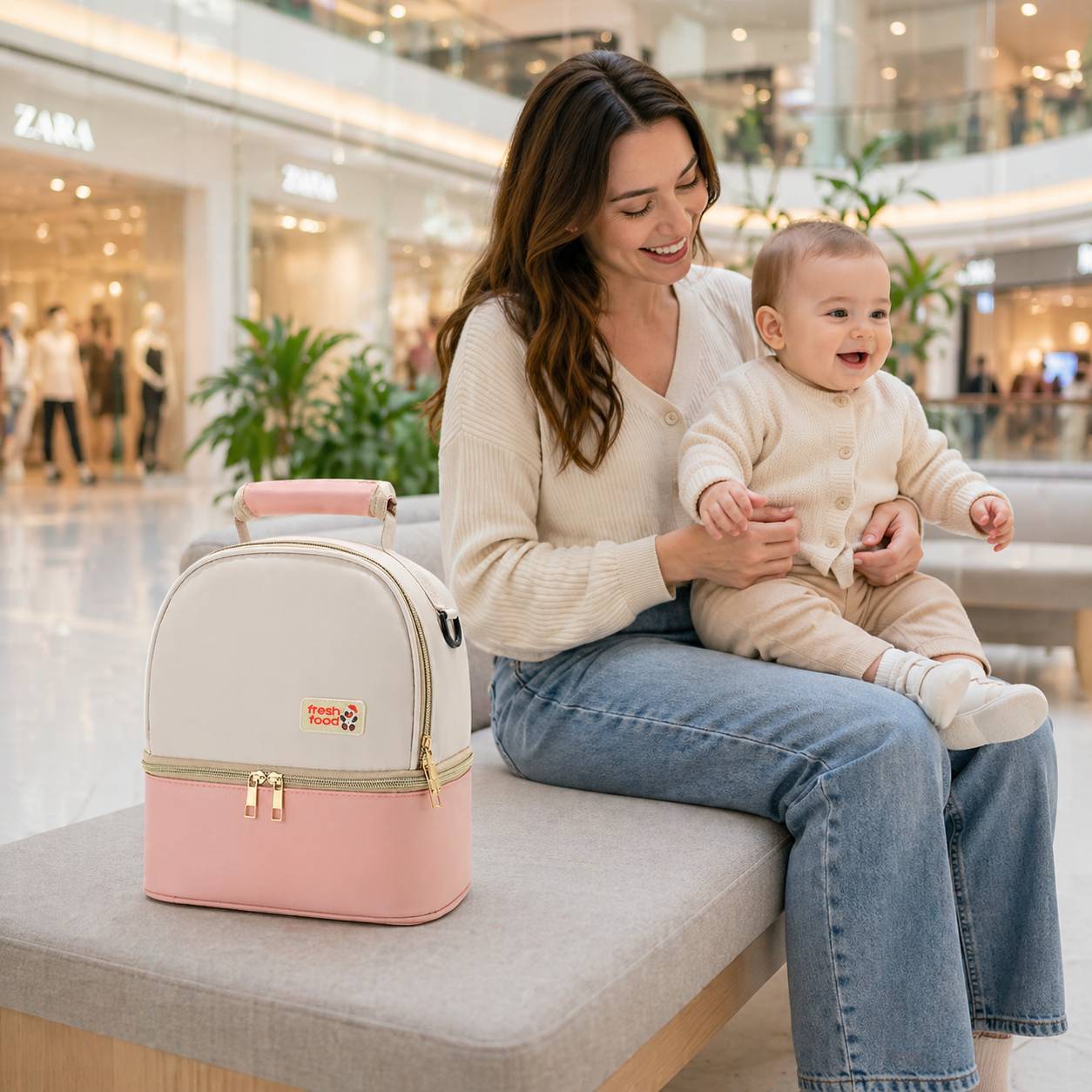 sac isotherme biberon beige etrose avec maman et bebe assis dans centre commercial