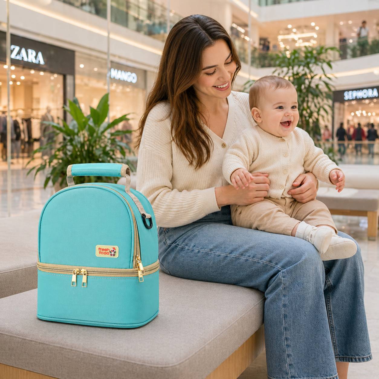 sac isotherme biberon vert avec maman et bebe assis dans centre commercial