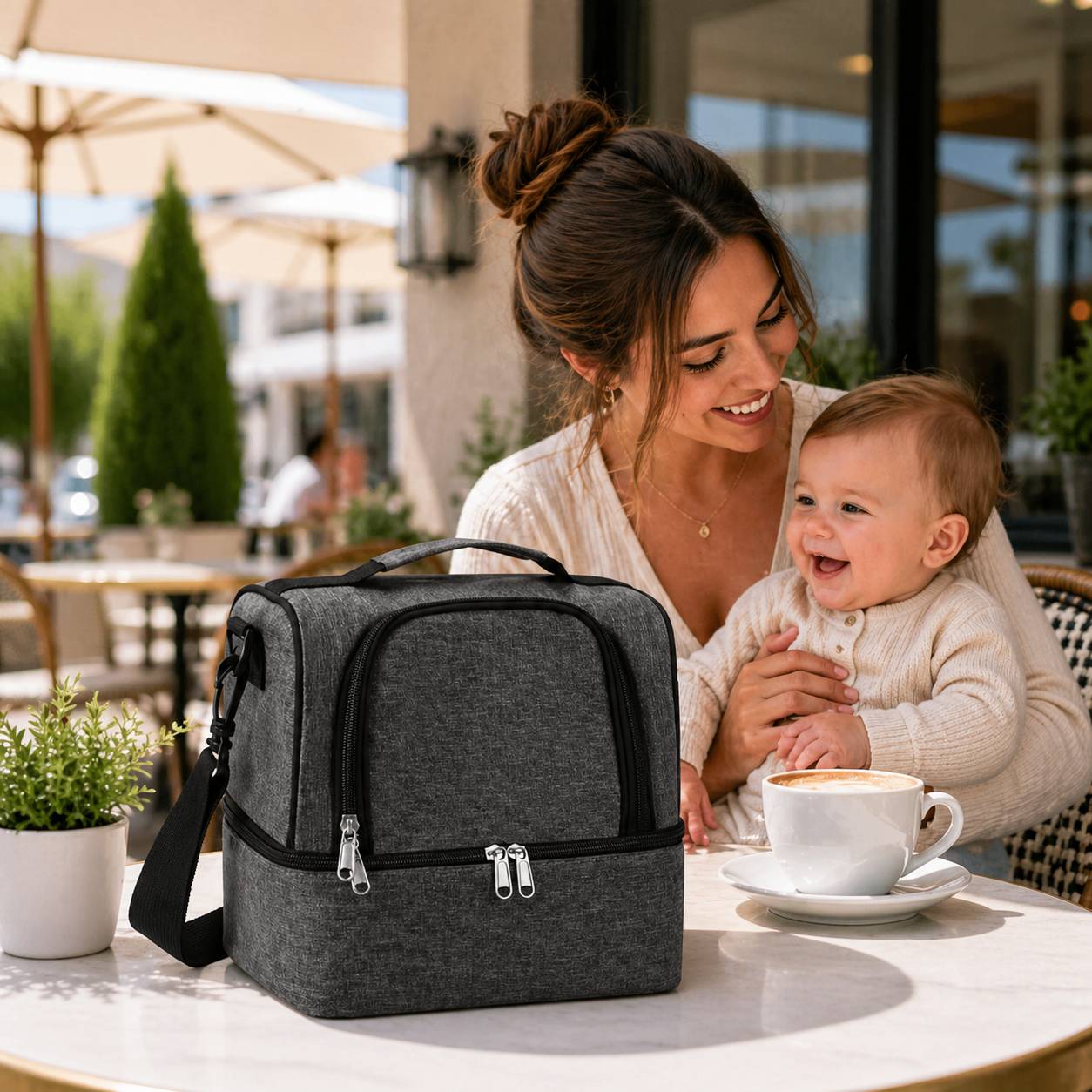 sac isotherme biberon gris maman bebe cafe terrasse moderne