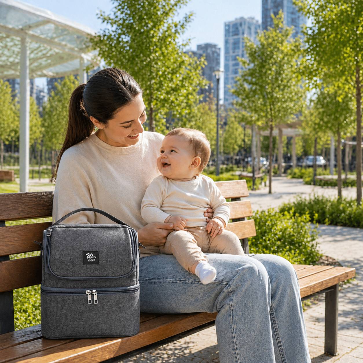Sac isotherme biberon gris pose sur un banc avec maman et bebe 