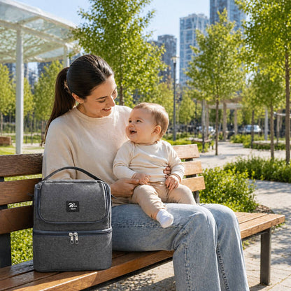 Sac isotherme biberon gris pose sur un banc avec maman et bebe 