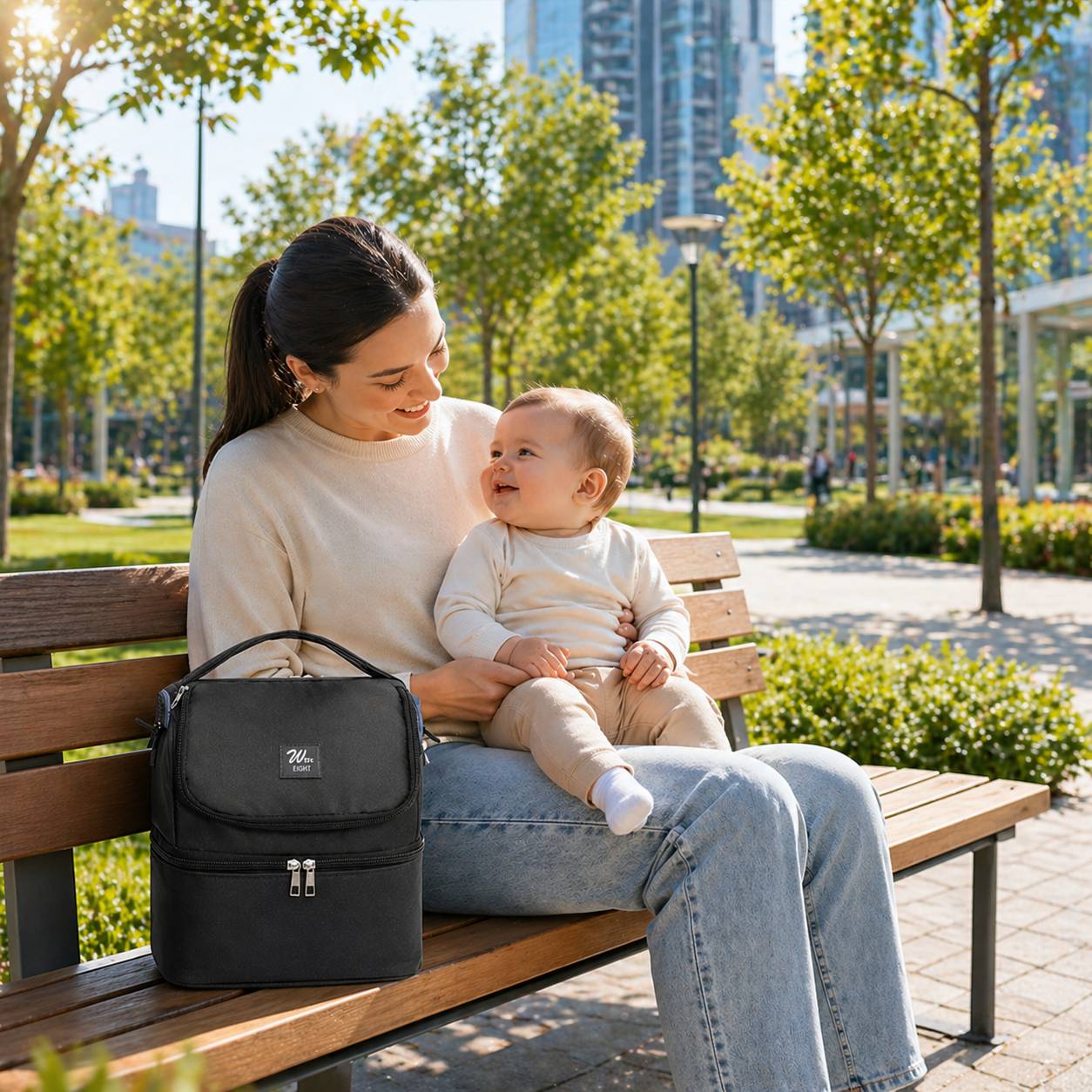 Sac isotherme biberon noir pose sur un banc avec maman et bebe 
