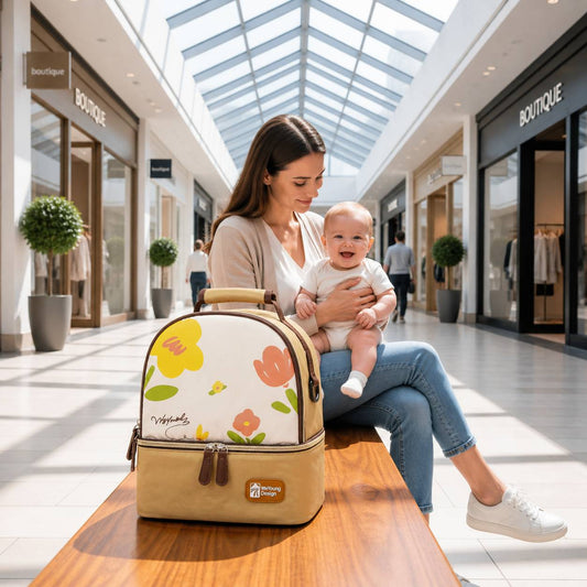 sac isotherme pour biberon beige avec maman et bebe en espace commercial 