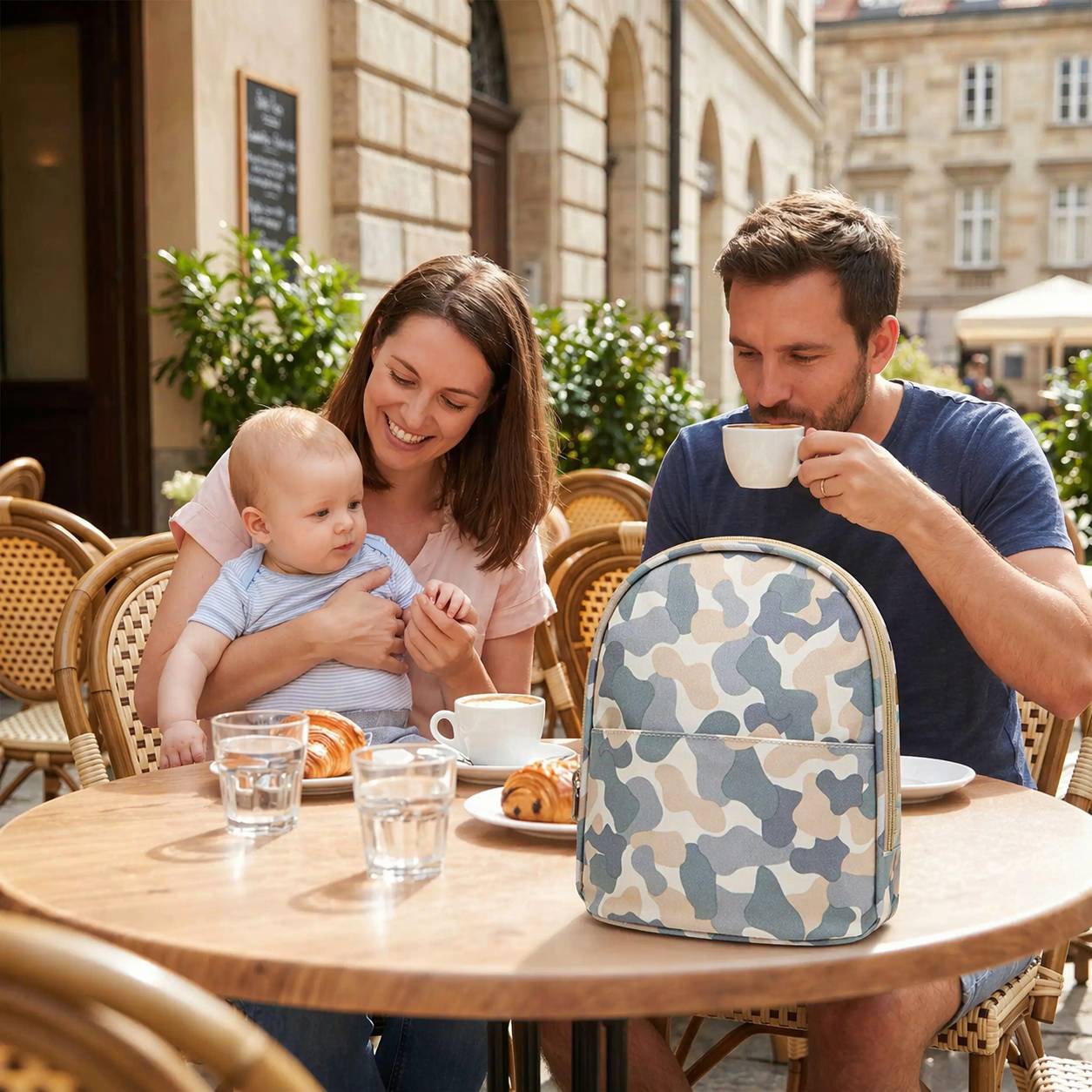 sac isotherme pour biberon gris utilise en terrasse cafe avec parents et bebe