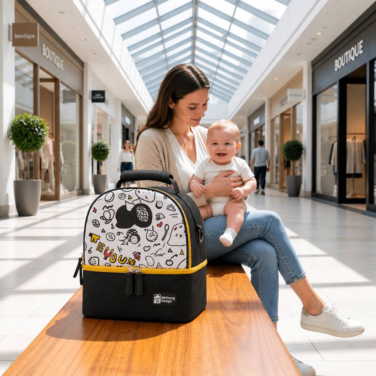 sac isotherme pour biberon noir avec maman et bebe en espace commercial 
