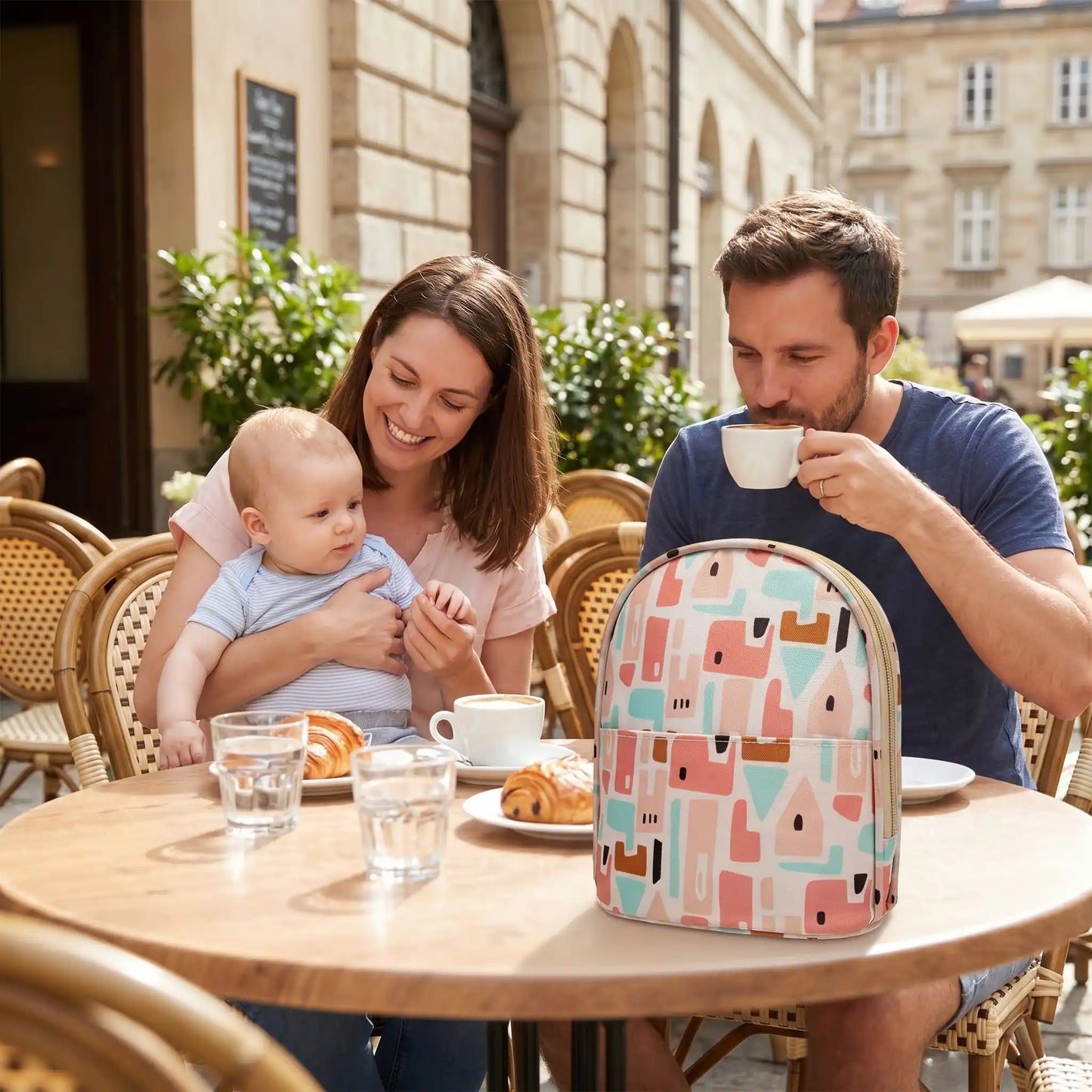sac isotherme pour biberon rose utilise en terrasse cafe avec parents et bebe