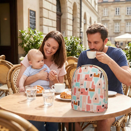sac isotherme pour biberon rose utilise en terrasse cafe avec parents et bebe