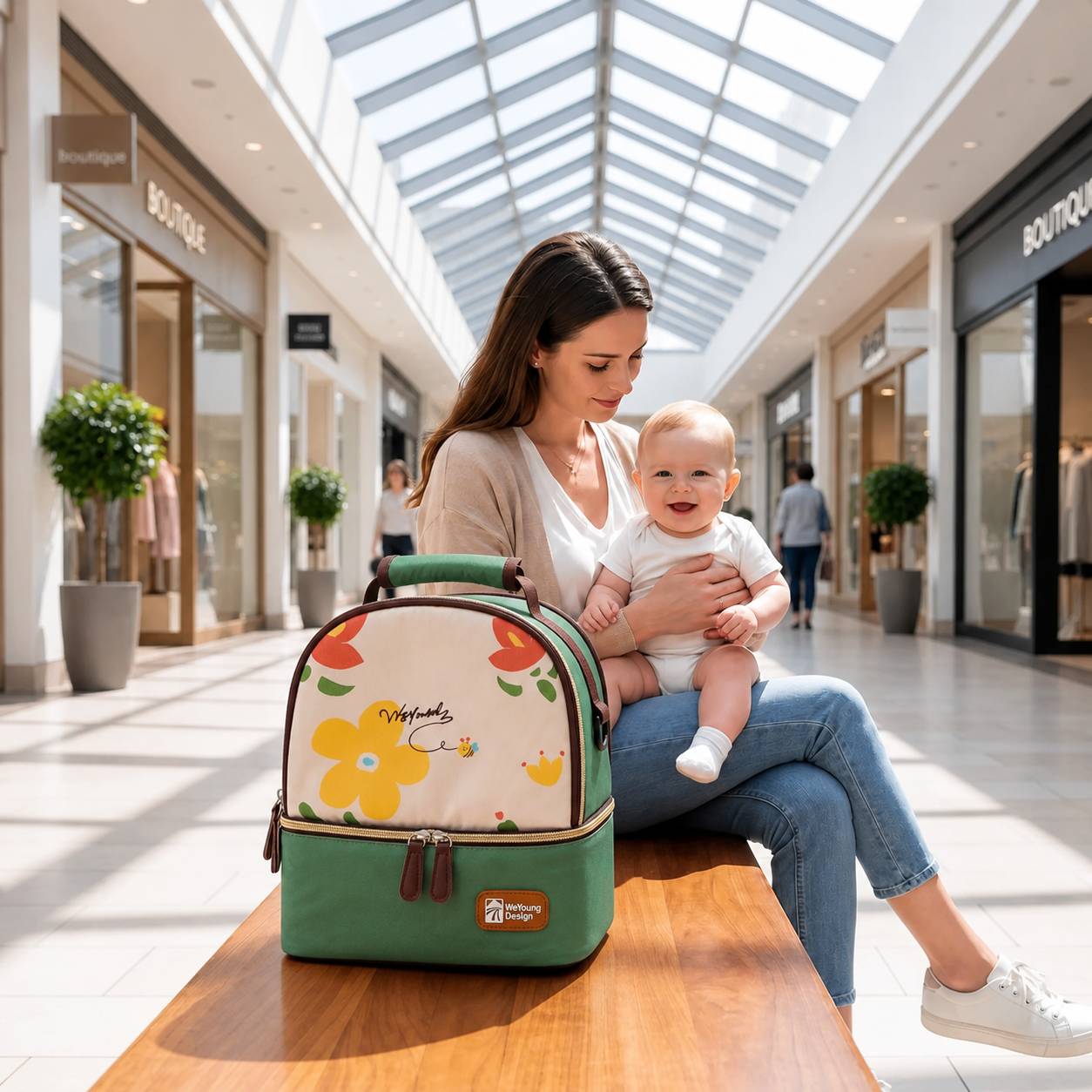 sac isotherme pour biberon vert avec maman et bebe en espace commercial 