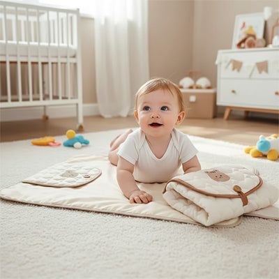 tapis a langer nomade bebe utilise au sol dans une chambre confortable