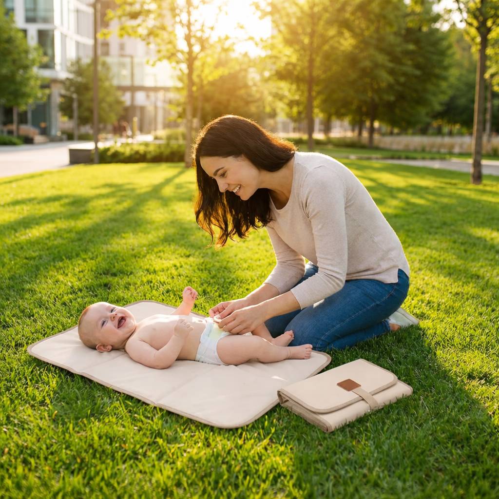 tapis a langer nomade beige utilise en exterieur dans un parc pour changer bebe facilement