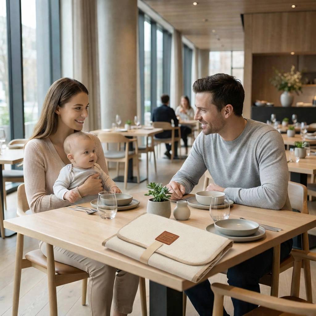 tapis a langer nomade beige pliable pose sur une table lors dune sortie au restaurant avec bebe