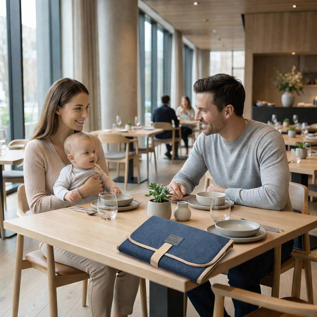 tapis a langer nomade bleu compact et pliable utilise en sortie avec bebe au restaurant