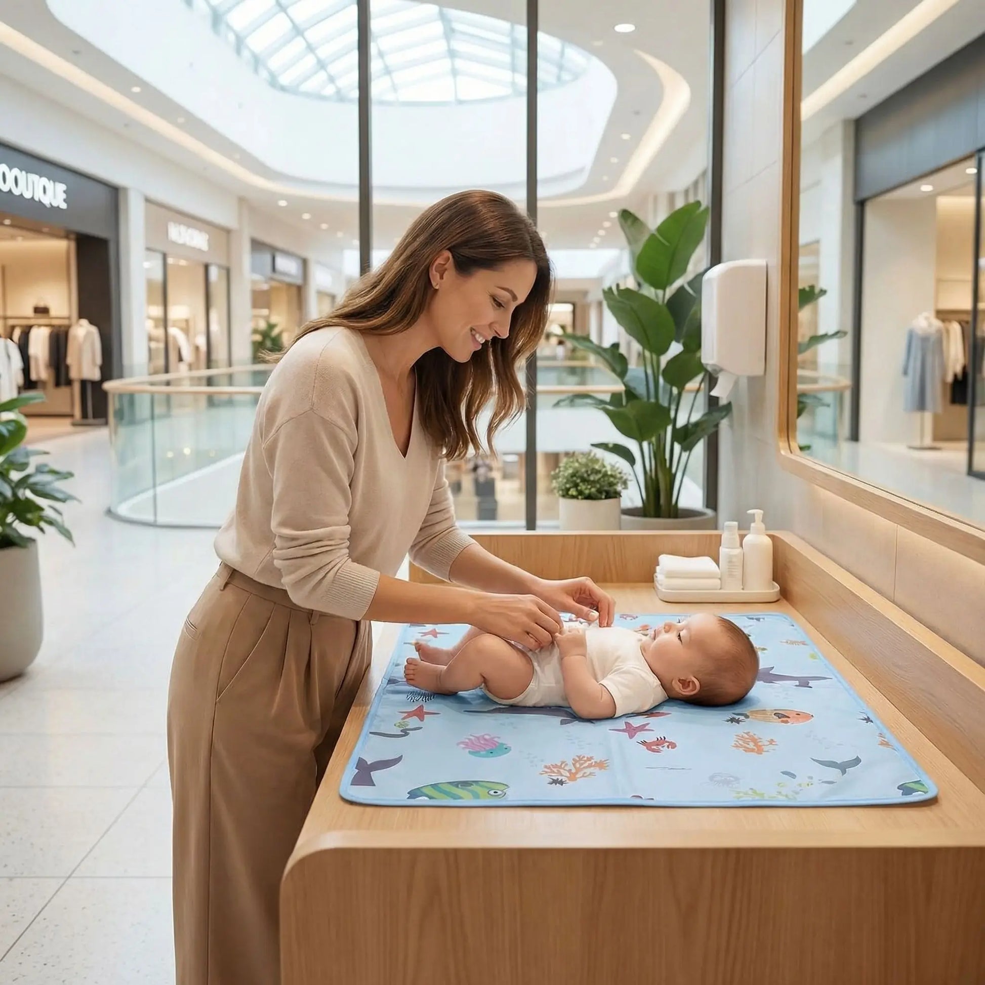 Tapis a langer nomade bleu utilise sur une table a langer dans un espace public propre et lumineux