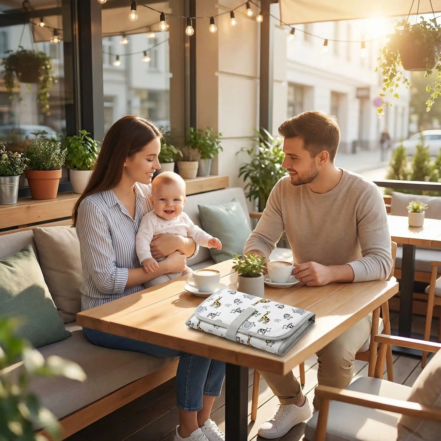 tapis a langer nomade pose sur une table de cafe avec des parents et leur bebe en sortie