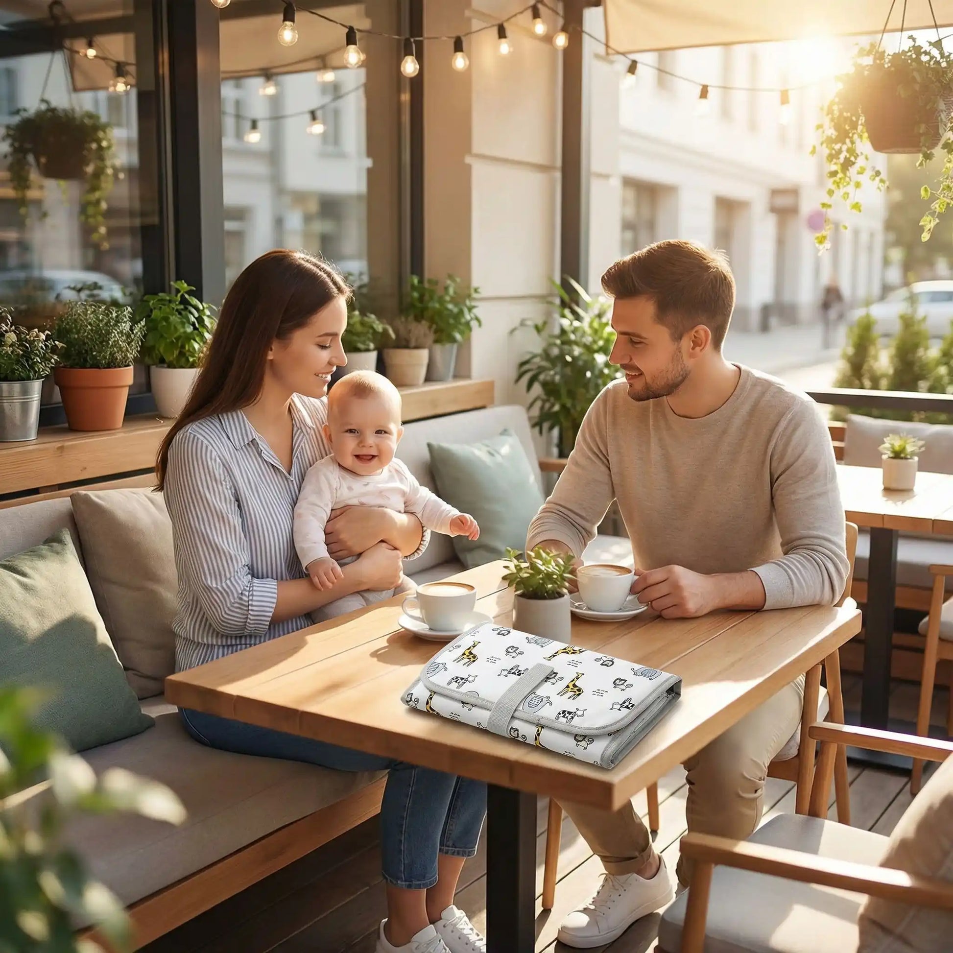 tapis a langer nomade pose sur une table de cafe avec des parents et leur bebe en sortie