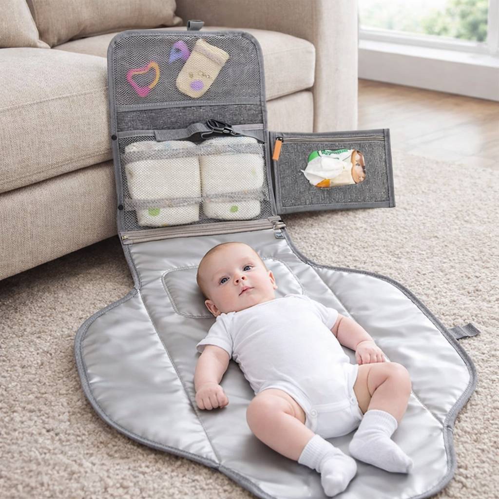 tapis a langer nomade imperméable et rembourre avec bebe allonge dans un salon confortable
