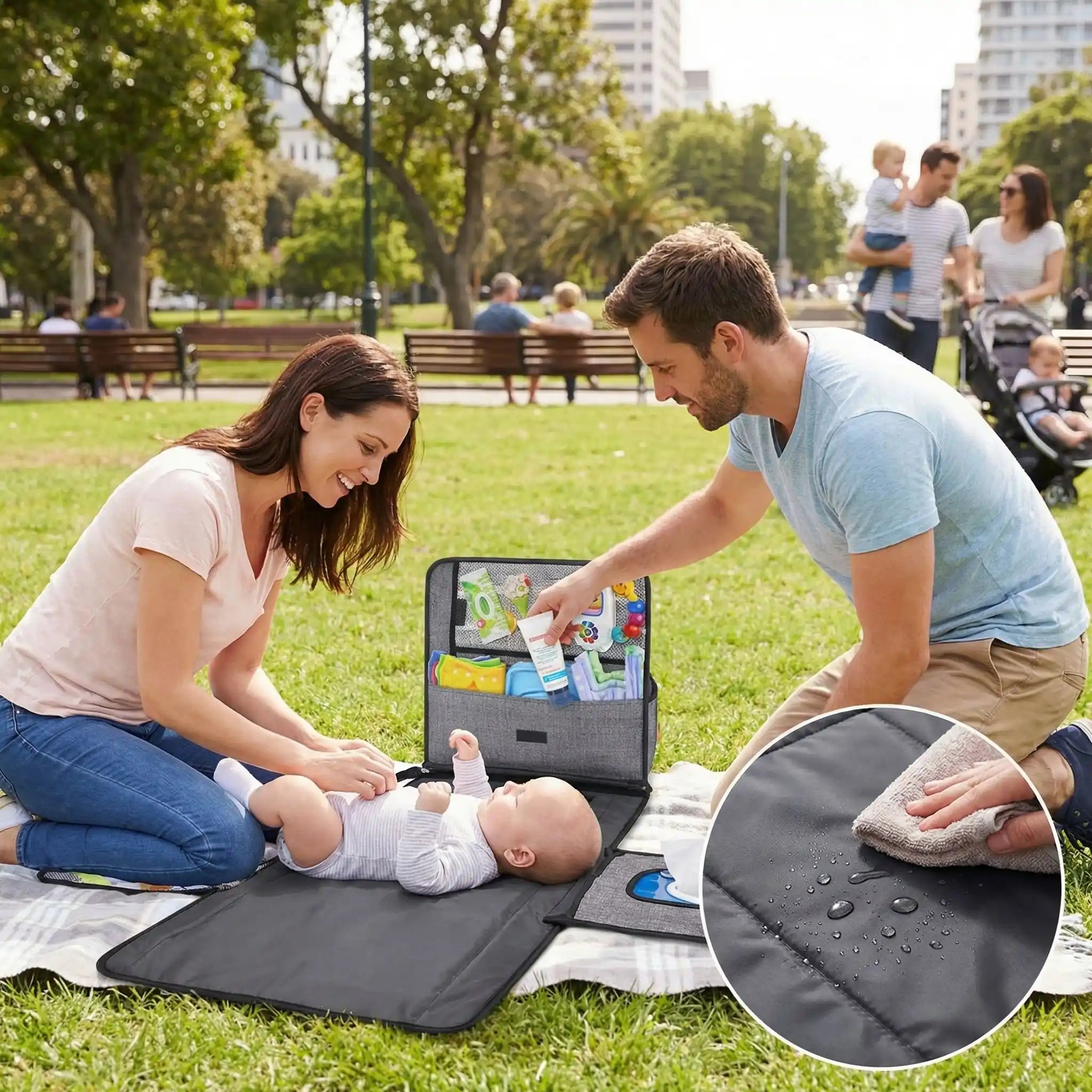tapis a langer nomade impermeable utilise en exterieur pour changer bebe dans un parc