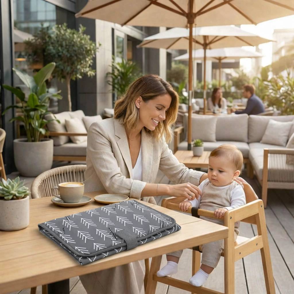 tapis a langer nomade fleches grises pliable compact utilisation terrasse bebe