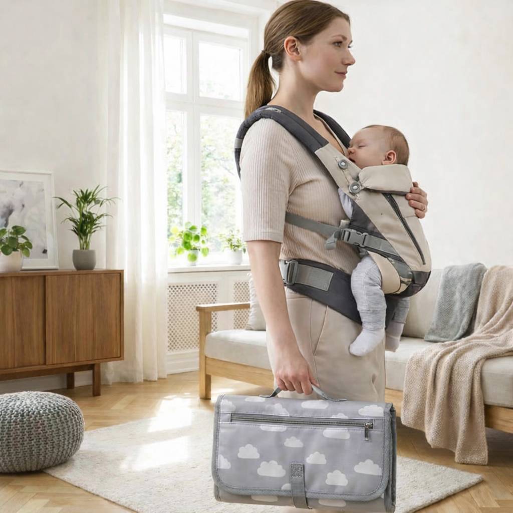tapis a langer nomade gris transporte par une maman avec bebe en porte bebe