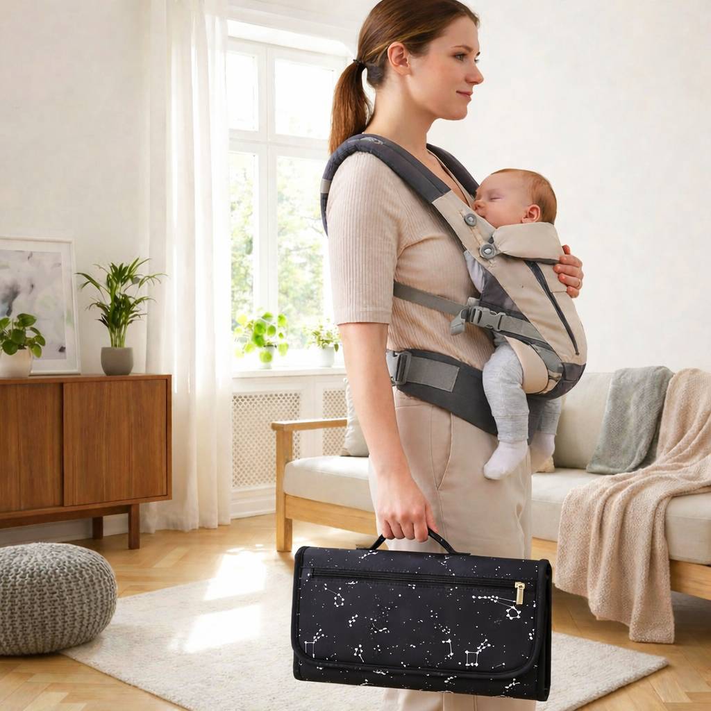 tapis a langer nomade noir motif constellation transporte par une maman en interieur