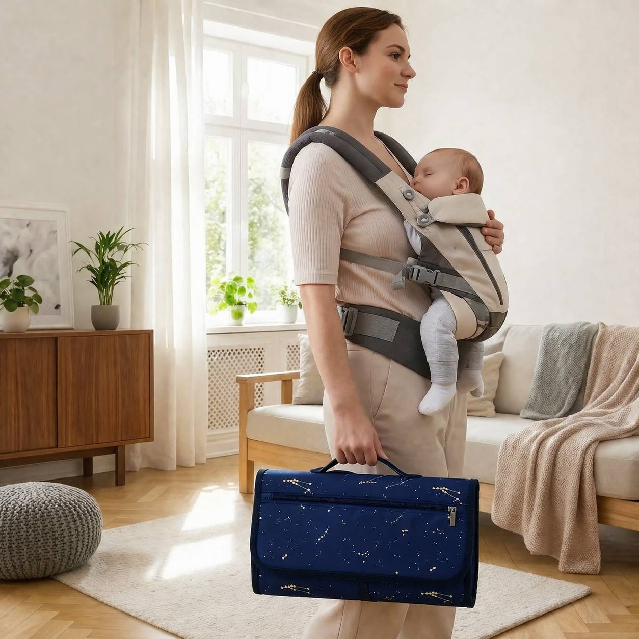 tapis a langer nomade bleu motif constellation transporte par une maman en interieur