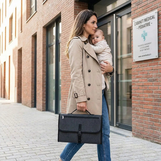 tapis a langer nomade noir compact transporte facilement par une maman avec son bebe