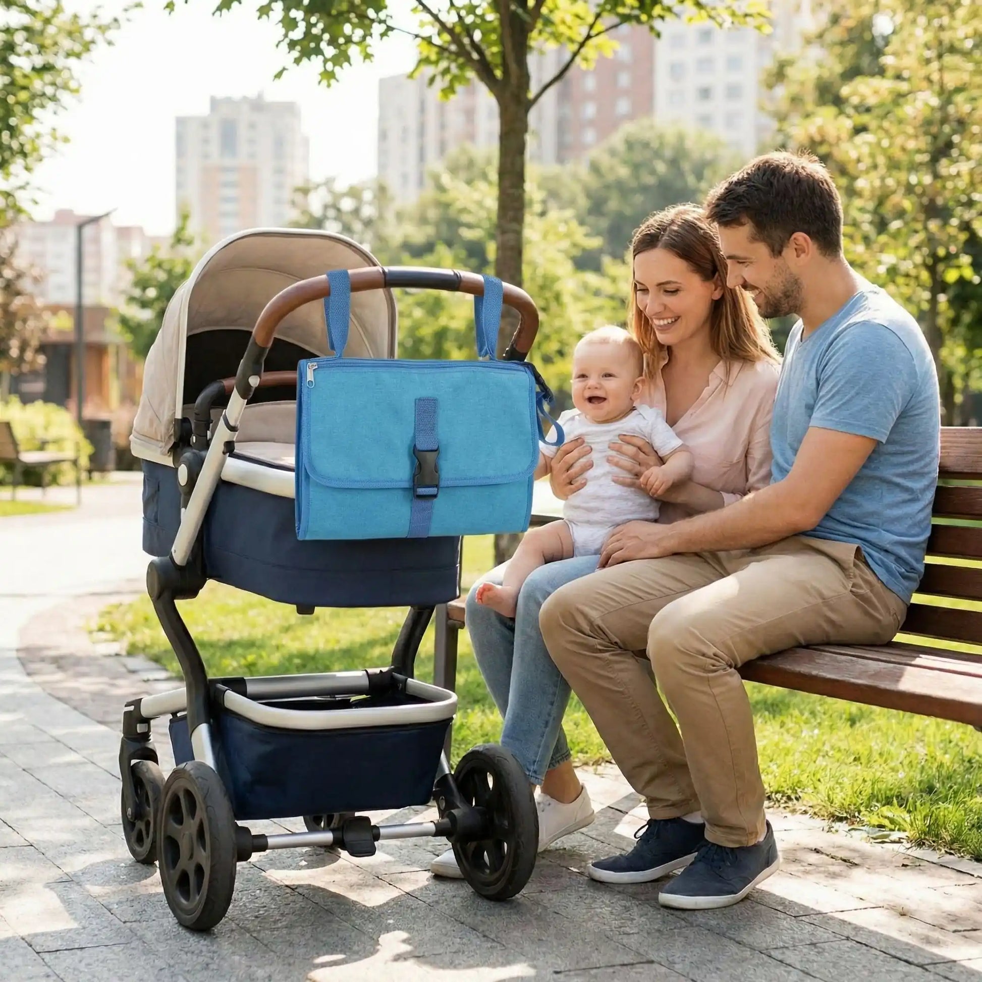 tapis a langer nomade sac bleu accroche a une poussette lors dune sortie au parc avec bebe