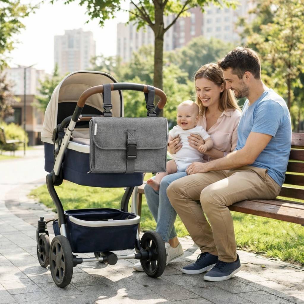 tapis a langer nomade sac gris fixe a une poussette pratique pour les sorties avec bebe