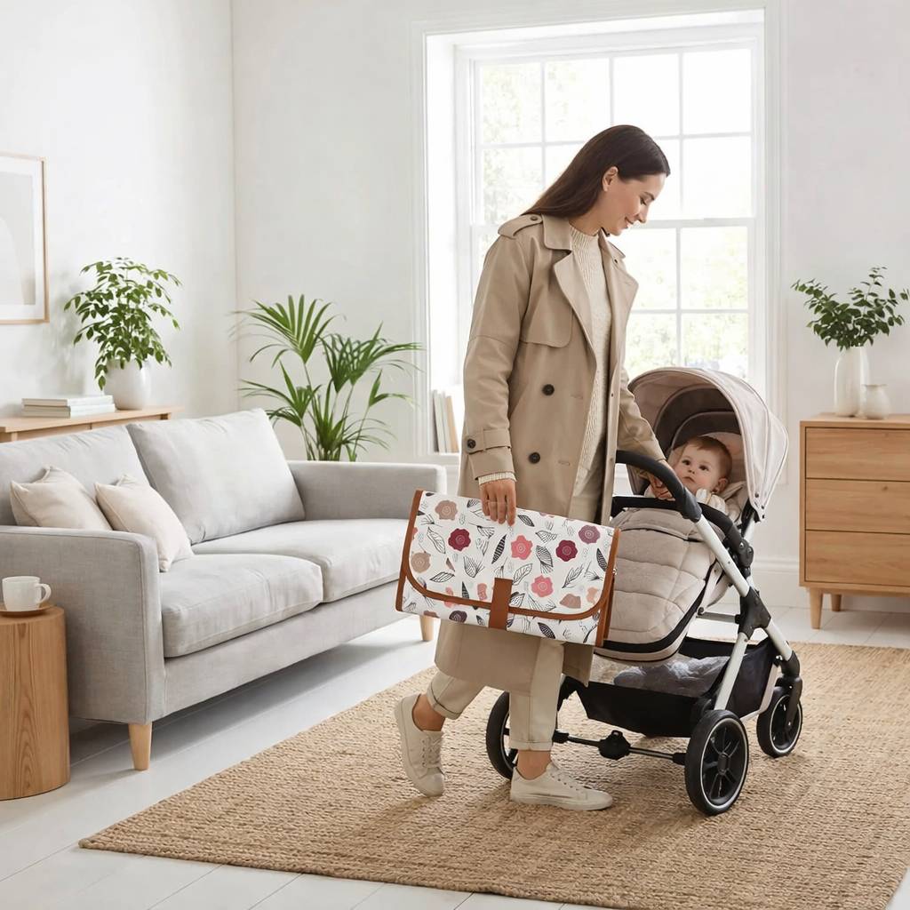 tapis a langer nomade transporte a la main avec bebe en poussette dans un salon moderne